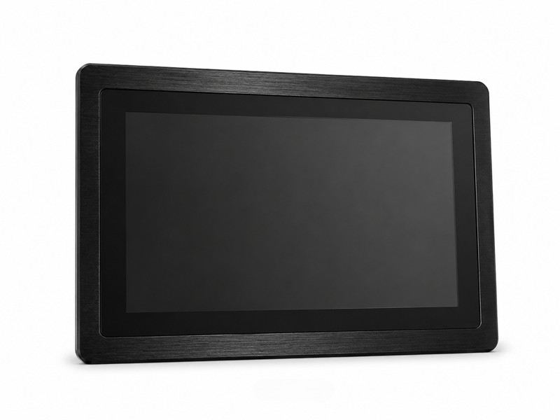 15.6 inch widescreen industrial touch monitor with black brushed metal front bezel on white background