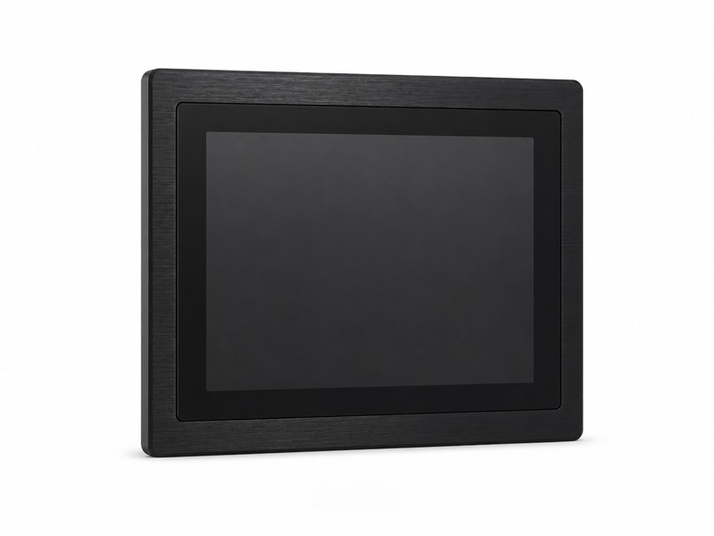 19 inch industrial touch monitor with black brushed metal front bezel on white background