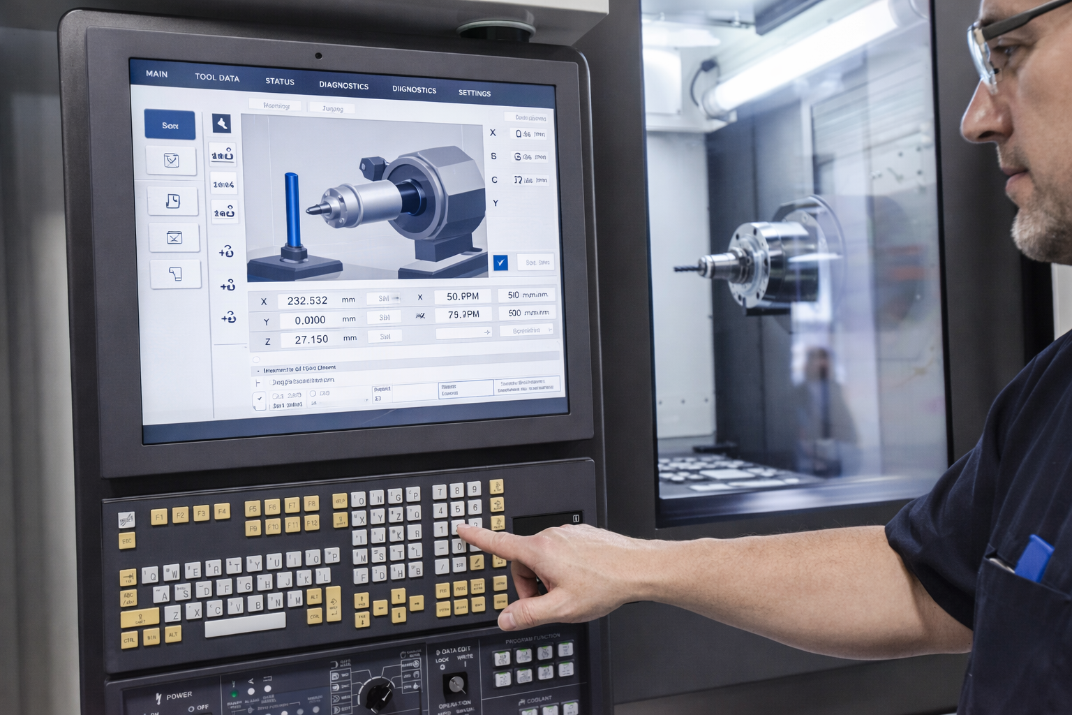 CNC machine display integrated into industrial control panel