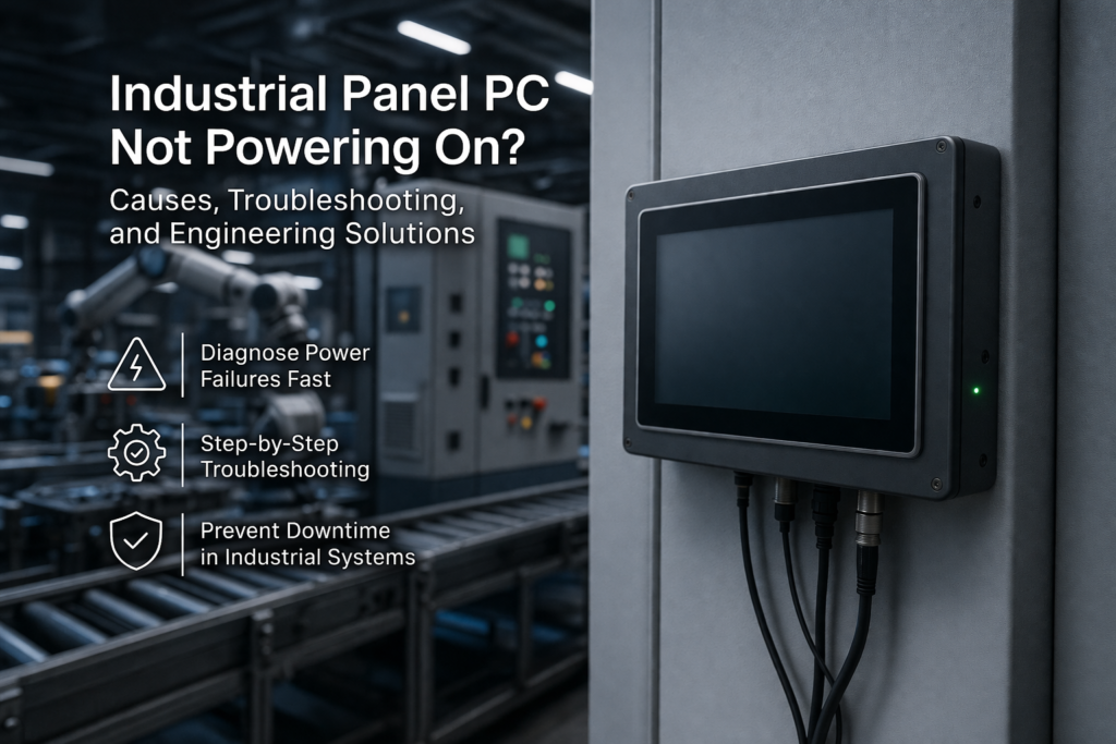 technician troubleshooting industrial panel pc not powering on inside control cabinet with power wiring and connectors