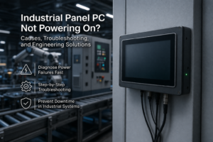 technician troubleshooting industrial panel pc not powering on inside control cabinet with power wiring and connectors