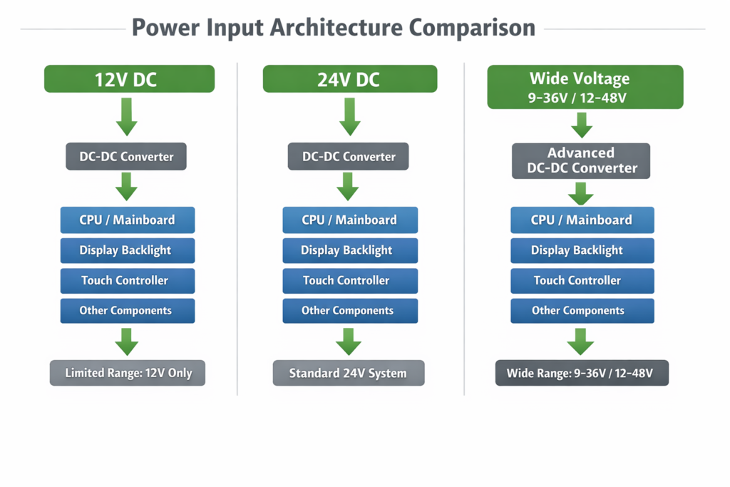 industrial panel pc power input diagram showing 12V 24V and wide voltage dc dc converter architecture