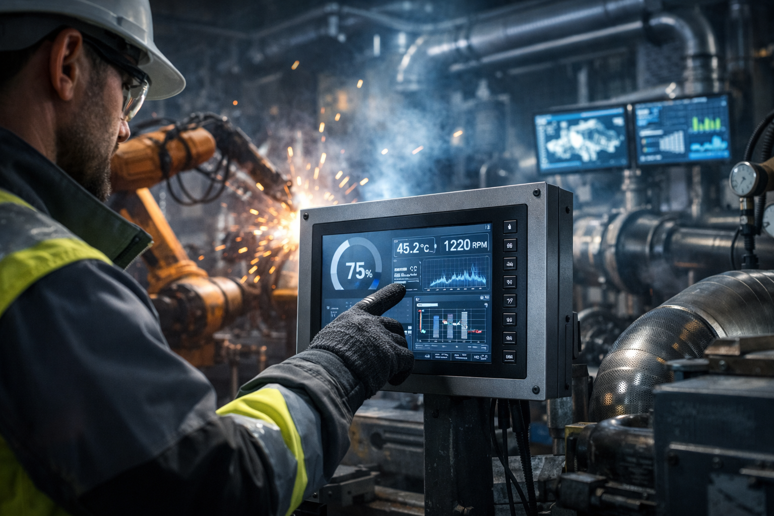 industrial panel pc touch screen used in factory automation environment with operator interacting in harsh industrial conditions