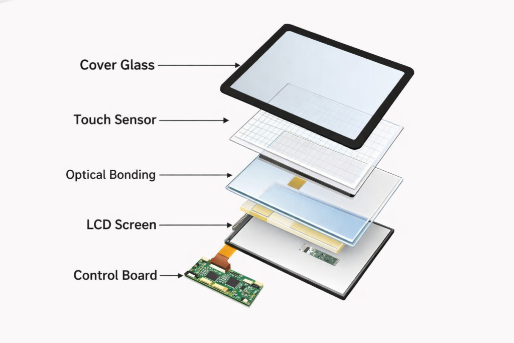 industrial touch screen structure showing cover glass touch sensor optical bonding and lcd display
