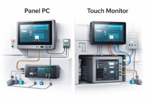 panel PC vs touch monitor architecture diagram showing integrated and distributed HMI systems