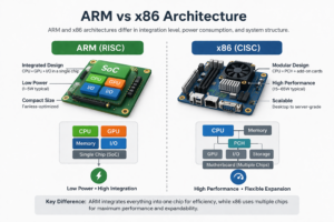 ARM vs x86 architecture comparison in industrial panel PCs showing SoC integration vs modular motherboard design