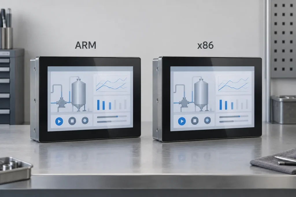 Illustration of ARM and x86 industrial panel PCs with matching HMI screens