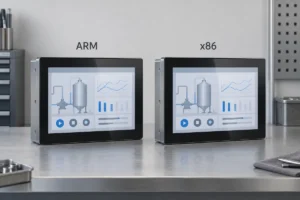 Illustration of ARM and x86 industrial panel PCs with matching HMI screens