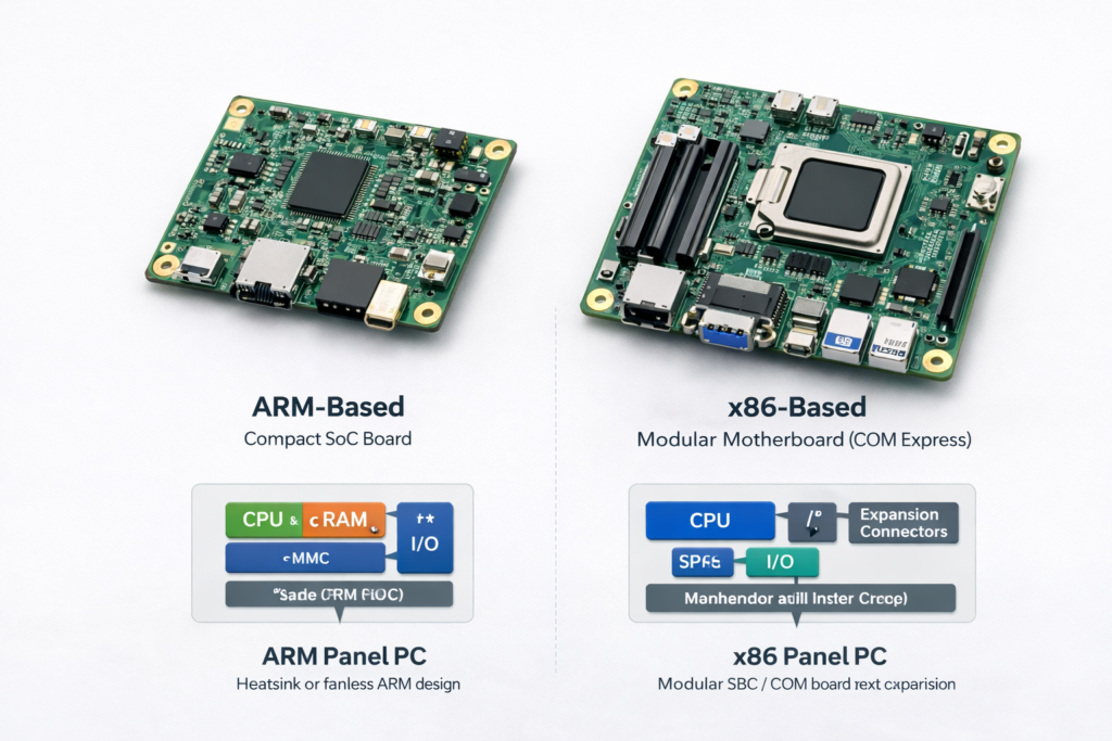 ARM-based compact SoC board vs x86 modular motherboard in industrial panel PC design