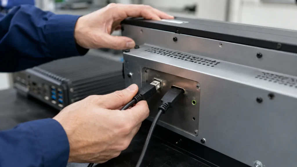 Verificação das ligações separadas de ecrã tátil USB e HDMI num monitor industrial