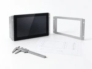 Industrial touch monitor with mounting frame, engineering drawing and caliper for custom display design
