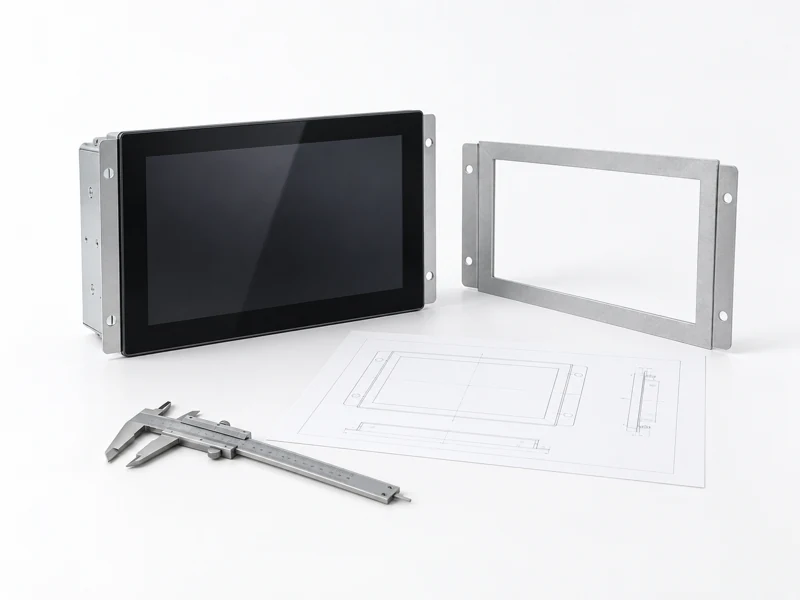 Industrial touch monitor with mounting frame, engineering drawing and caliper for custom display design