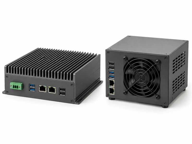 Concept illustration of a fanless industrial PC with cooling fins beside a fan-cooled industrial PC with a visible fan