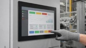 Operator using a glove-compatible industrial touch screen on a factory HMI