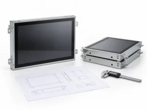Industrial open-frame monitor samples with a mechanical drawing and digital caliper for supplier evaluation