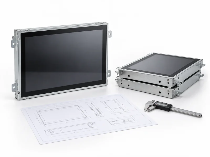 Industrial open-frame monitor samples with a mechanical drawing and digital caliper for supplier evaluation