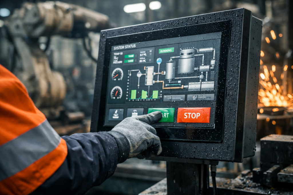 Industrial HMI touchscreen operated with gloves in a factory environment showing control interface and real working conditions