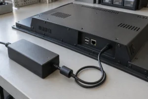 Rear view of an industrial panel PC connected to an external AC-DC power adapter