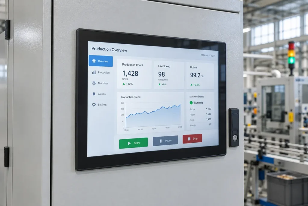 Industrial panel PC mounted in a machine cabinet displaying production status