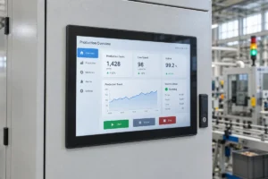 Industrial panel PC mounted in a machine cabinet displaying production status