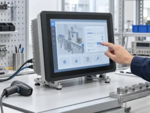 Technician testing an industrial panel PC touchscreen with a barcode scanner on a workbench