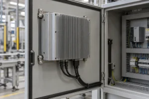 Hintere Kühlrippen eines industriellen Panel-PCs, der in einem Schaltschrank montiert ist