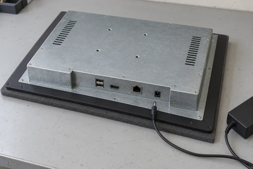 Rear view of an industrial panel PC with a disconnected DC power plug on a service bench
