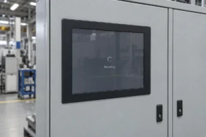 In einem Schaltschrank montierter Industrie-Panel-PC, auf dem ein Neustartbildschirm angezeigt wird