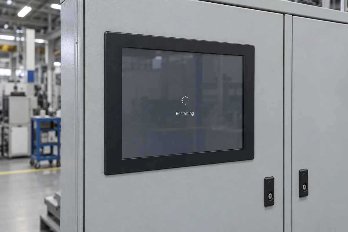 Industrial panel PC mounted in a control cabinet displaying a restart screen