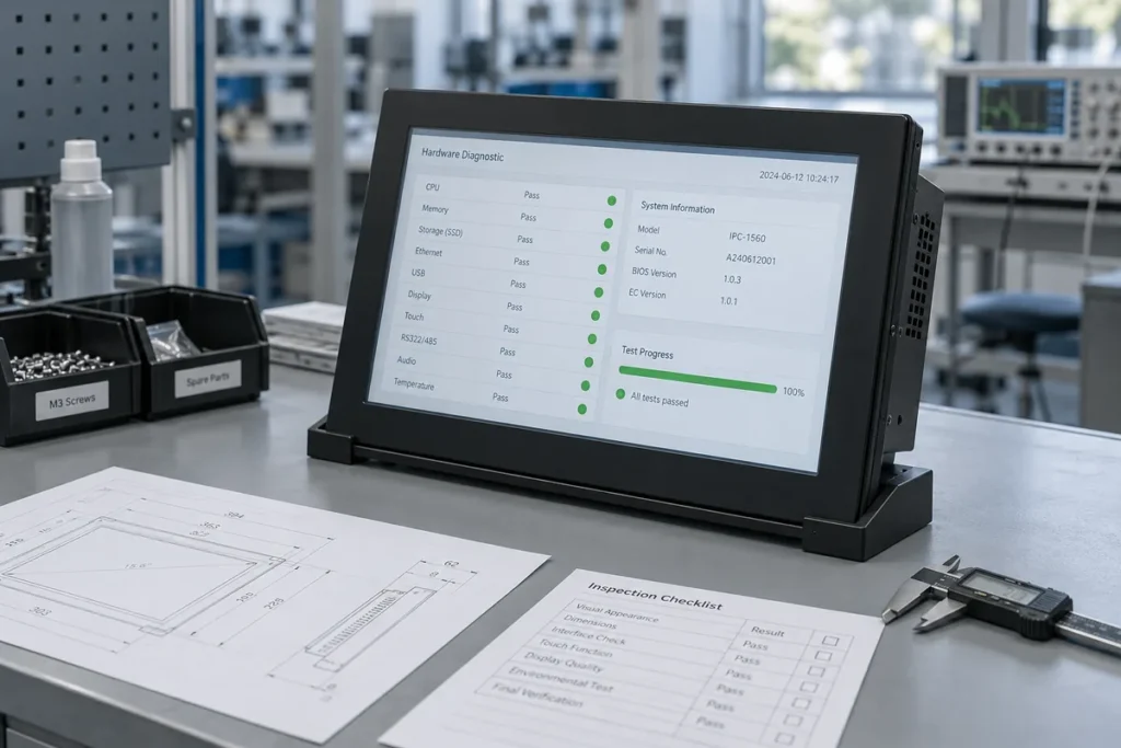 Industrial panel PC on an inspection bench beside a mechanical drawing and checklist.