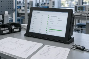 Industrial panel PC on an inspection bench beside a mechanical drawing and checklist.