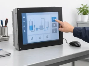 Testing touch input on an industrial panel PC with a wired mouse beside it