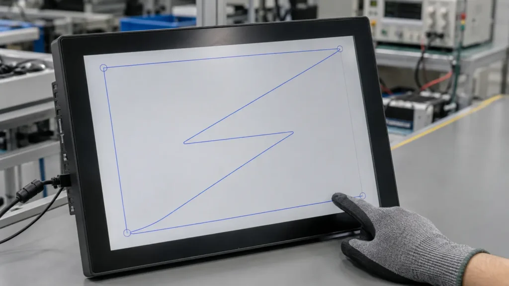 Bedienung eines industriellen PCAP-Touchscreens mit Handschuhen und Test zum Zeichnen von Linien