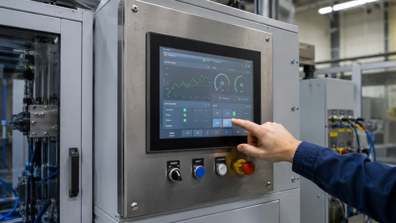 Industrial touch screen HMI integrated into factory automation equipment