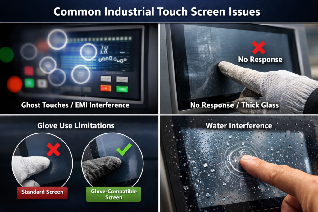 industrial touch screen problems including ghost touch EMI interference glove operation and water interference
