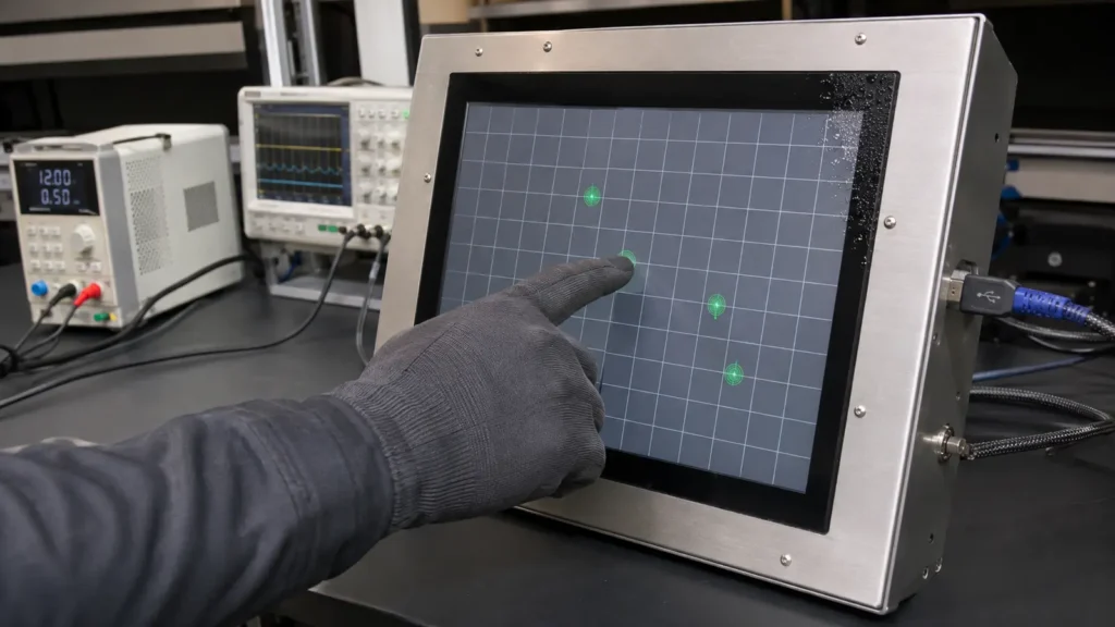 Engineer testing glove and wet-touch performance on an industrial PCAP display