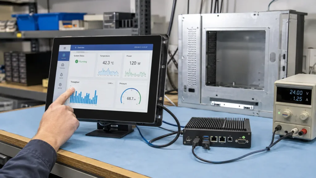 Ecrã tátil industrial testado fora da caixa final, com um computador anfitrião e uma fonte de alimentação separados