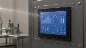 Industrial waterproof touch screen undergoing a front water-spray test
