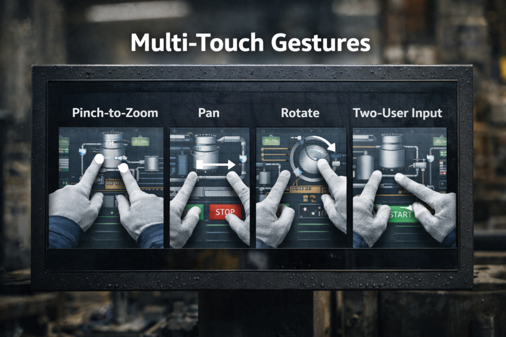 Multi-touch gestures on industrial touchscreen including pinch to zoom, rotate, and two-finger interaction on HMI interface