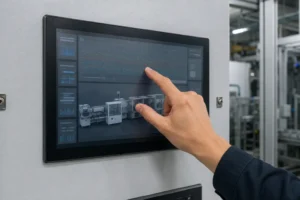 Operator using a two-finger multi-touch gesture on an industrial HMI
