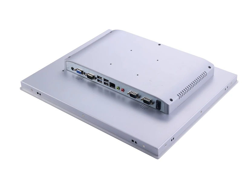 Rear view of an industrial panel PC showing USB, Ethernet, VGA and serial ports