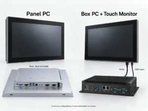 Industrial panel PC with rear view example beside a box PC and separate touch monitor
