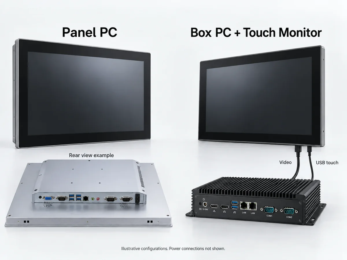 Industrial panel PC with rear view example beside a box PC and separate touch monitor