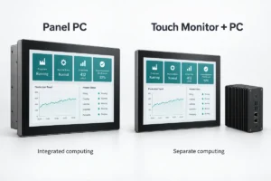Industrial panel PC beside a touch monitor and separate industrial computer