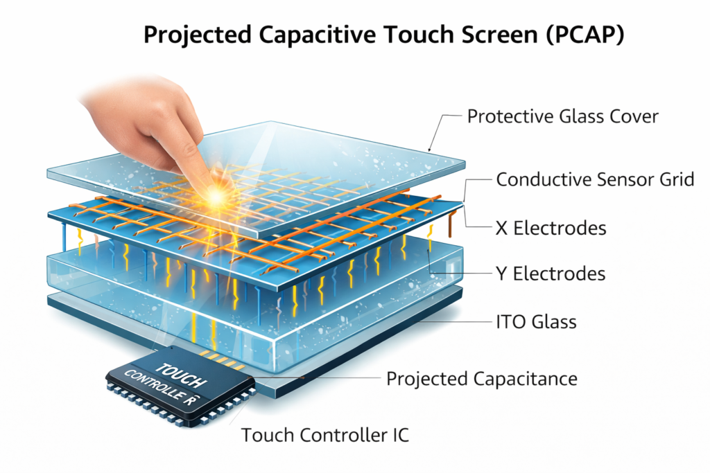 Projected capacitive touchscreen structure diagram showing glass layers sensor grid electrodes and touch controller IC