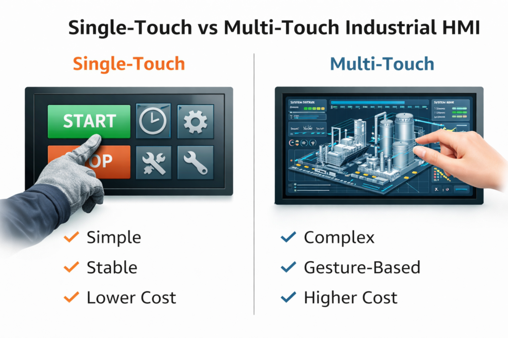 Comparison of single-touch and multi-touch industrial HMI interfaces showing simple button control versus gesture-based interaction