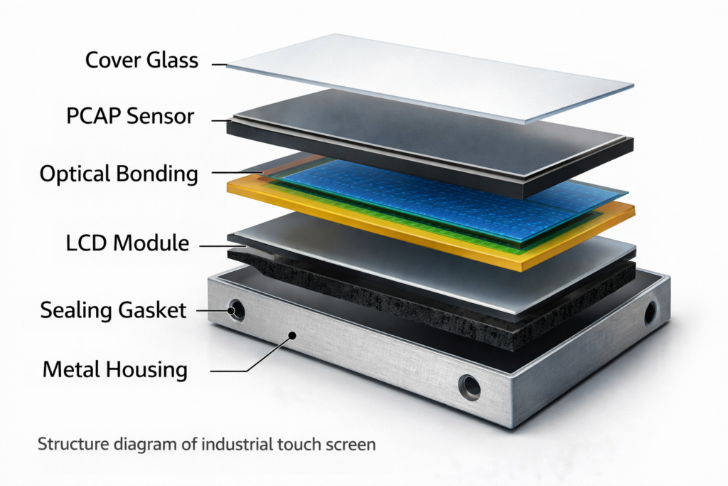 structure diagram of industrial waterproof touch screen with cover glass PCAP sensor optical bonding and LCD module