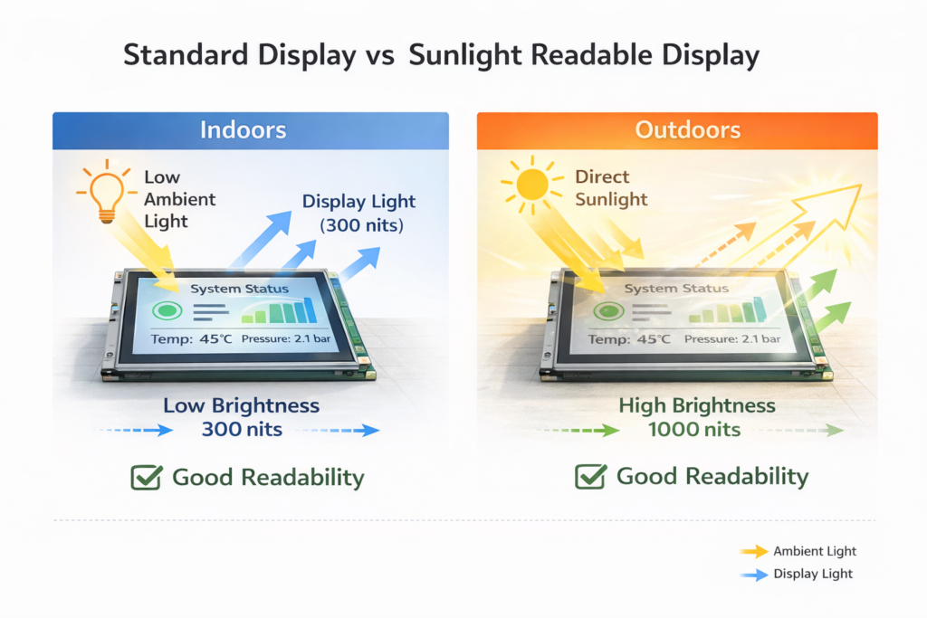 alt=sunlight readable display brightness comparison 1000 nits vs standard 300 nits display