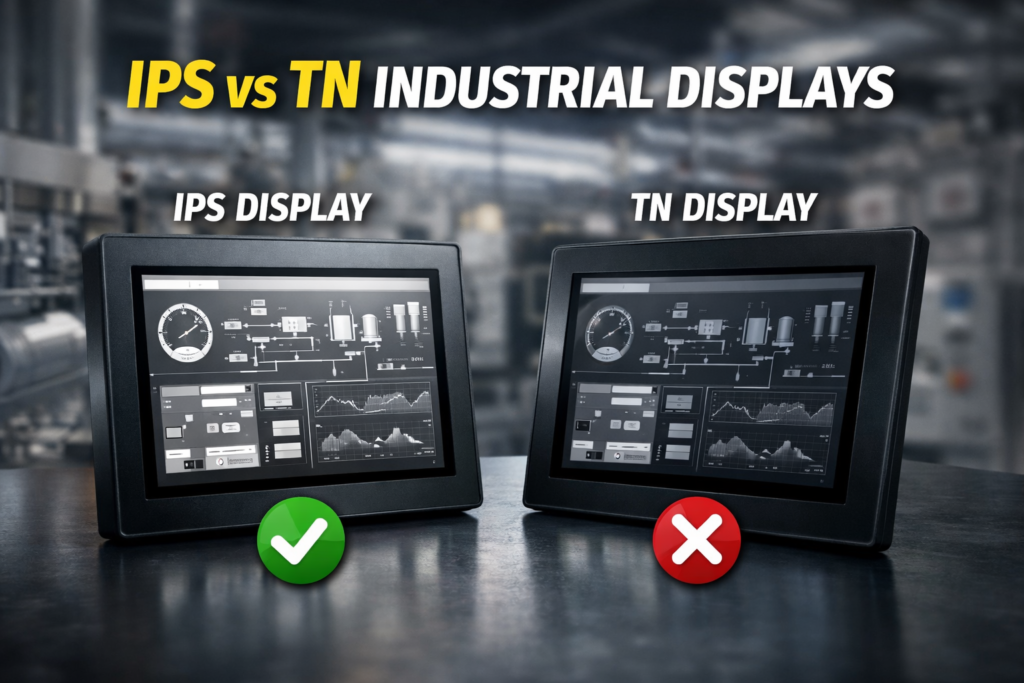 IPS vs TN industrial display comparison showing viewing angle difference in factory environment