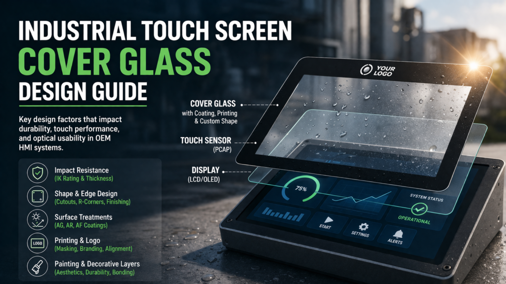 industrial touch screen cover glass structure showing thickness, coating, printing and PCAP touch integration